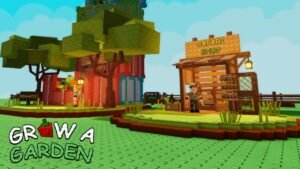 Screenshot from Roblox game 'Grow a Garden' featuring the 'Safari Shop' with options for pets, seeds, and gears, next to a 'Rewards' area, all in a blocky, colorful style.