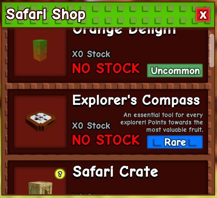Screenshot of the 'Safari Shop' interface in 'Grow a Garden,' showing three items: 'Orange Delight' (Uncommon), 'Explorer's Compass' (Rare), and 'Safari Crate,' all currently out of stock.