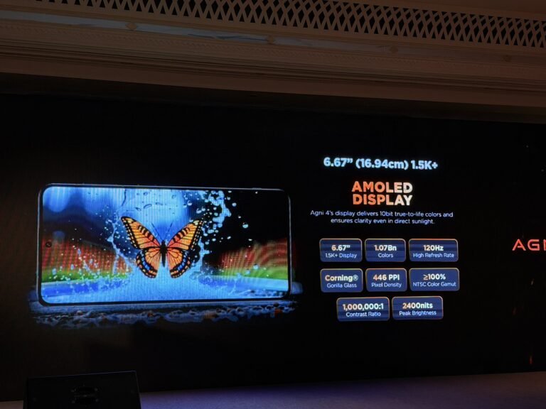 A close-up of the Lava Agni 4's 6.67" AMOLED display, highlighting its 1.5K+ resolution, 1.07 billion colors, and 120Hz refresh rate. The screen is protected by Corning Gorilla Glass.