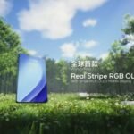 TCL Unveils Real Stripe RGB OLED Display with Enhanced Clarity and Efficiency 3 Promotional image of TCL's Real Stripe RGB OLED display, showing a floating smartphone in a grassy field. The screen highlights its status as the 'World's First' with this technology.