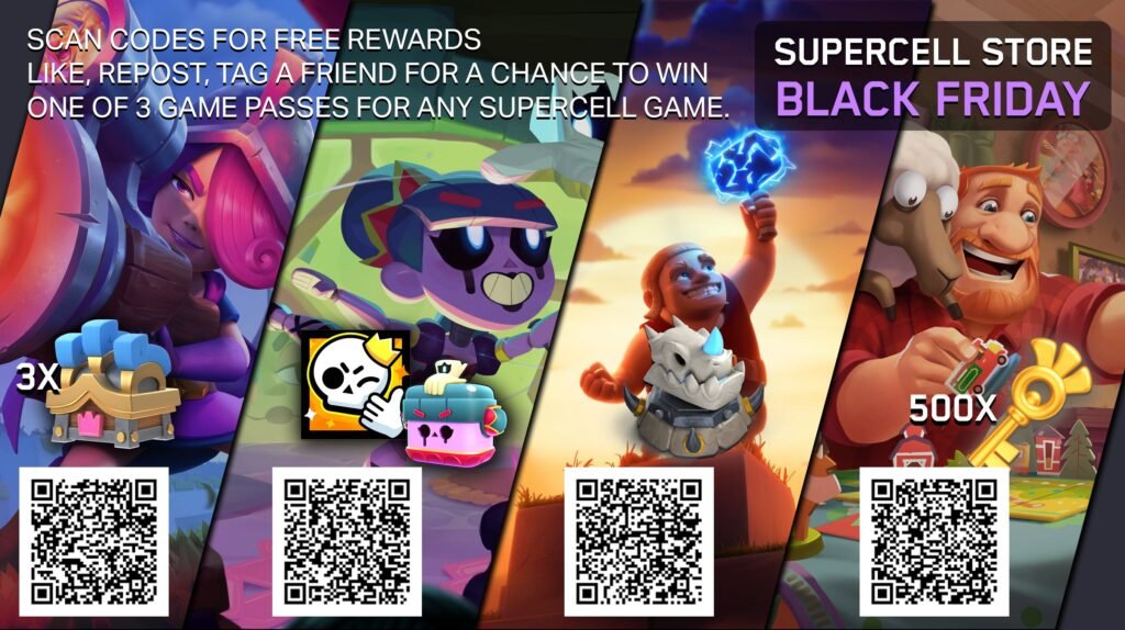 Image promoting Supercell's Black Friday deals. Scan the QR codes for free rewards in Supercell games. Like, repost, and tag a friend for a chance to win one of 3 game passes