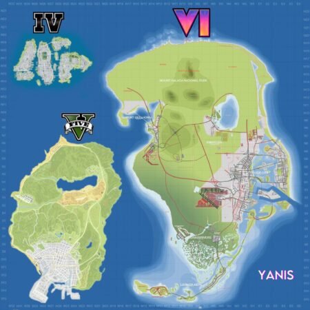 Comparison map showing the relative sizes of the game worlds in Grand Theft Auto IV, Grand Theft Auto V, and a projected map for Grand Theft Auto VI, highlighting named locations within the GTA 6 map.