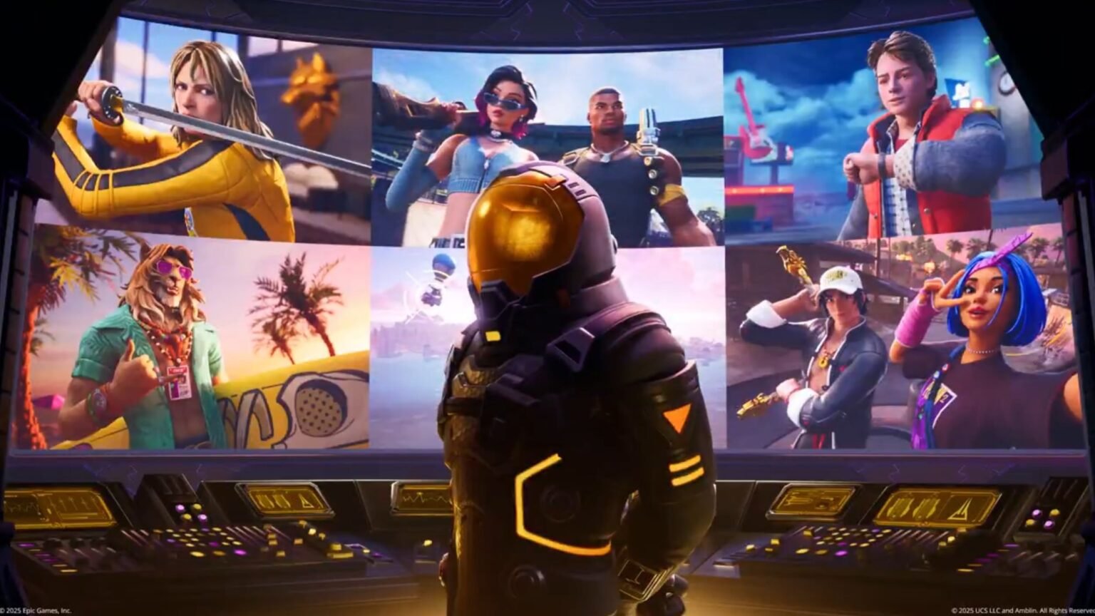 Fortnite Chapter 7 Launches with Game-Changing Overhauls, Kill Bill & Back to the Future Collabs Fortnite Chapter 7 Season 1 Battle Pass skins displayed on a screen, including The Bride from Kill Bill, Marty McFly from Back to the Future, original characters, and a player character in a space suit.
