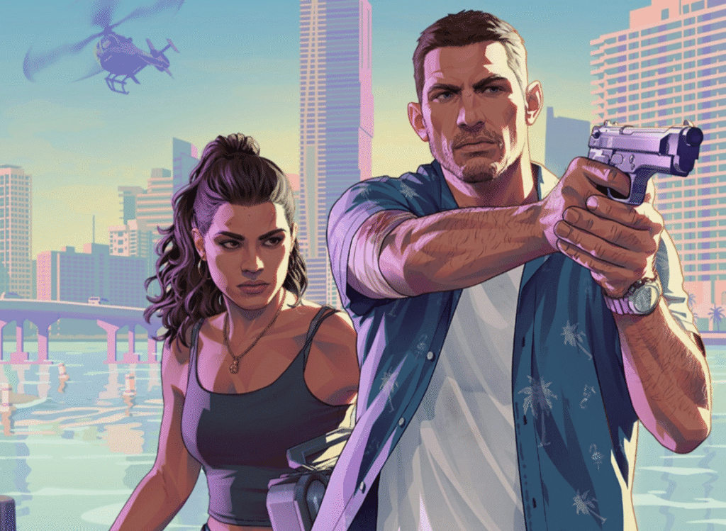 GTA 6 Official Release Date: November 19, 2026 GTA 6 artwork showing the main characters in a Miami-inspired setting.