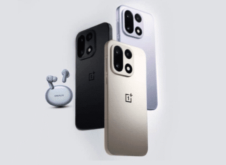 OnePlus 15 Launches in India Starting at ₹72,999 Image of the OnePlus 15 smartphone in Sand Storm, Infinite Black, and Ultra Violet colors, accompanied by OnePlus Nord Buds.