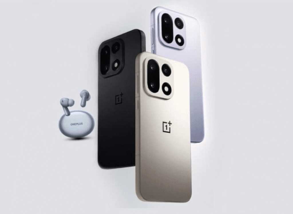 OnePlus 15 Launches in India Starting at ₹72,999 Image of the OnePlus 15 smartphone in Sand Storm, Infinite Black, and Ultra Violet colors, accompanied by OnePlus Nord Buds.