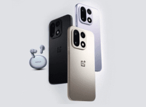 OnePlus 15 Launches in India Starting at ₹72,999 Image of the OnePlus 15 smartphone in Sand Storm, Infinite Black, and Ultra Violet colors, accompanied by OnePlus Nord Buds.