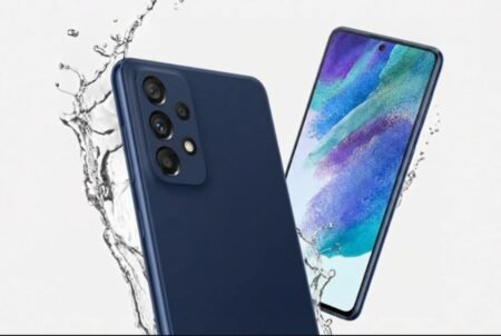 Image of the Samsung Galaxy A77 in blue, showcasing its rear camera setup and sleek design.