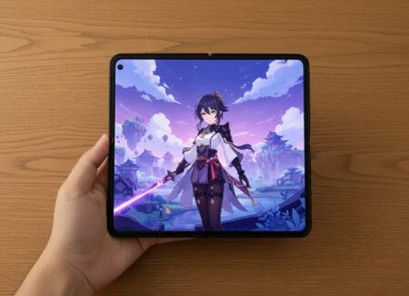 Alleged Oppo Find N6 Foldable Tipped with Snapdragon 8 Elite Gen 5, Satellite Features Close-up of a hand holding an unfolded Oppo Find N6, showing a vibrant anime-style wallpaper of the character Kujou Sara from the game Genshin Impact.