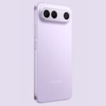 Close-up of the back of a Vivo S50 Pro Mini, showcasing its triple-camera setup and minimalist design in lavender.