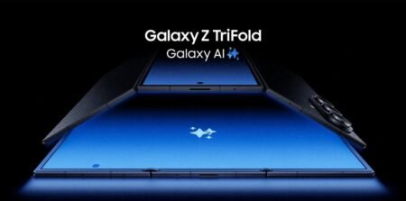 Samsung Unveils the Galaxy Z TriFold with Unique Folding Design Image of the Samsung Galaxy Z TriFold partially unfolded, displaying its large blue screen and carbon fiber-like texture on the outer panels. The 'Galaxy AI' logo is visible on the screen.