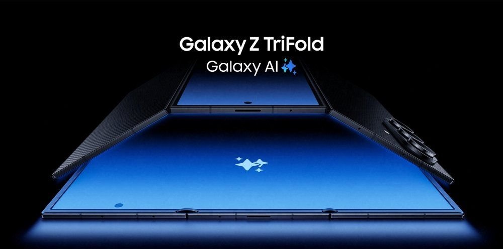 Samsung Unveils the Galaxy Z TriFold with Unique Folding Design Image of the Samsung Galaxy Z TriFold partially unfolded, displaying its large blue screen and carbon fiber-like texture on the outer panels. The 'Galaxy AI' logo is visible on the screen.