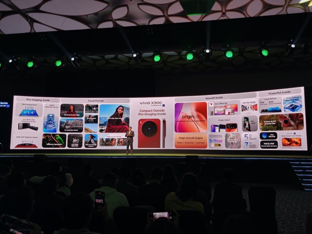 Vivo X300 Launched in India with Starting Price of ₹75,999 vivo X300 series launch event in India, with a presenter on stage and the phone's features displayed on a large screen.