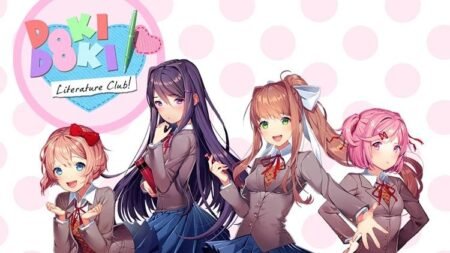 Doki Doki Literature Club Launches on Android and iOS for Free and Paid Content Artwork for Doki Doki Literature Club. Four anime-style girls (Sayori, Yuri, Monika, Natsuki) stand in front of a pink and white polka-dot background with the game's logo at the top left.