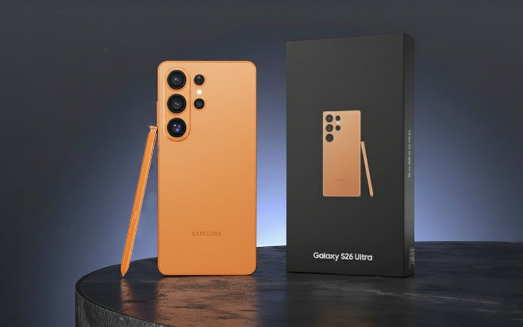 Image of the Samsung Galaxy S26 Ultra in a gold color, with S Pen and retail box