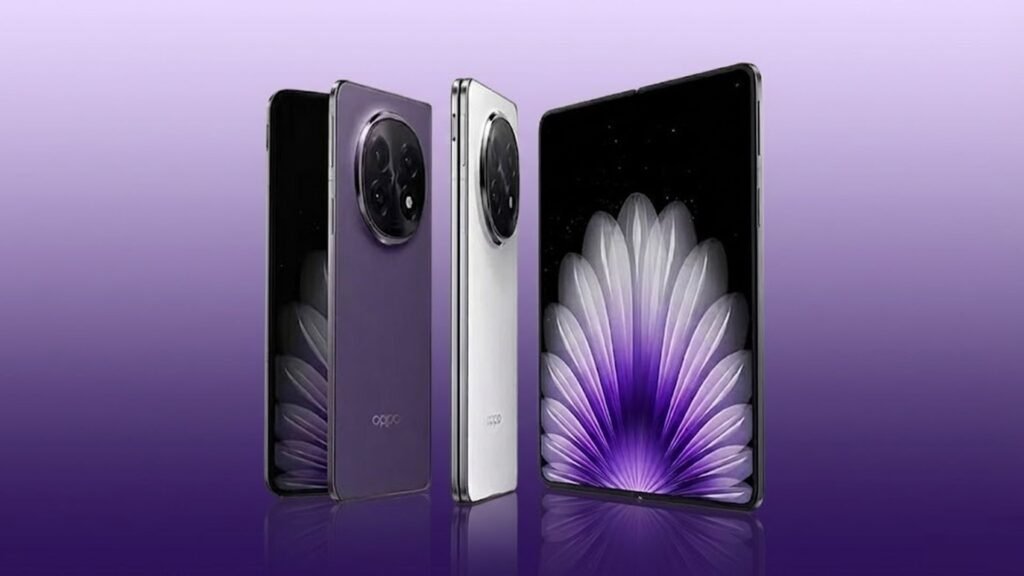 Image of two Oppo Find N6 foldable phones in Titanium and Deep Black colorways. One is open, displaying a floral-patterned screen.