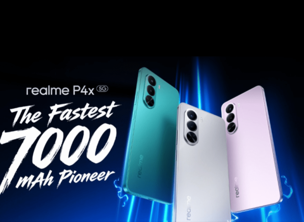 Realme P4x 5G Debuts in India | MediaTek Dimensity 7400 Ultra Three Realme P4x 5G smartphones in teal, silver, and pink are displayed against a dark background with blue lightning effects, highlighting their design and color options.