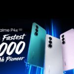 Three Realme P4x 5G smartphones in teal, silver, and pink are displayed against a dark background with blue lightning effects, highlighting their design and color options.