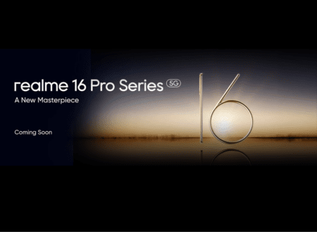 Realme 16 Pro Series Tease: A Design Master’s Comeback with a New Masterpiece Realme 16 Pro Series promo image. Phone silhouette forms the '16' against a sunset background. Text: 'A New Masterpiece. Coming Soon.