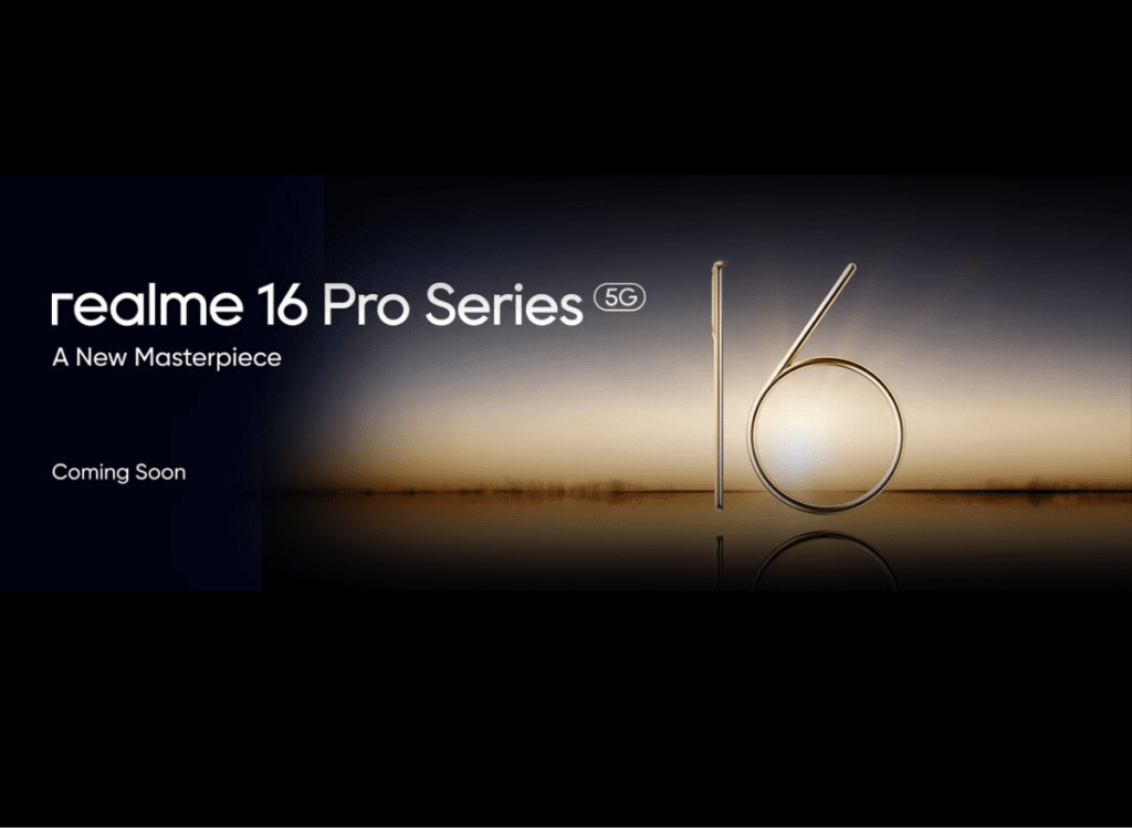 Realme 16 Pro Series promo image. Phone silhouette forms the '16' against a sunset background. Text: 'A New Masterpiece. Coming Soon.