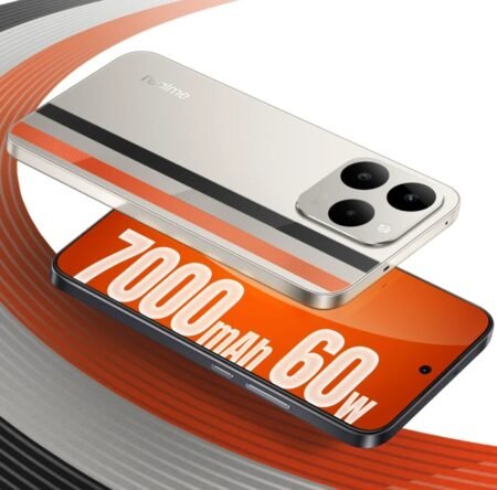 Two Realme Narzo 90 5G smartphones displayed against a dynamic background of swirling orange and gray lines. The top device shows its back in a light silver finish with a horizontal orange and black striped accent, the 'realme' logo, and a square triple-camera module. The bottom device faces forward, with its screen displaying large white text '7000 mAh 60W' on an orange backdrop, highlighting the phone’s key battery and charging features.