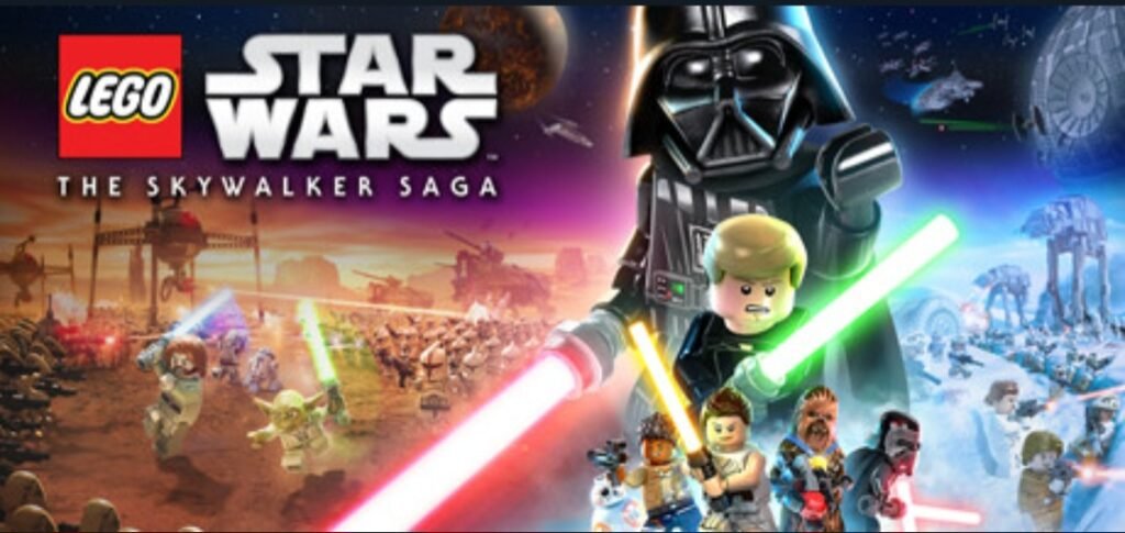 Key art for LEGO Star Wars: The Skywalker Saga, featuring LEGO versions of Darth Vader, Luke Skywalker, and other iconic characters, available at a discount during the Steam Winter Sale 2025.