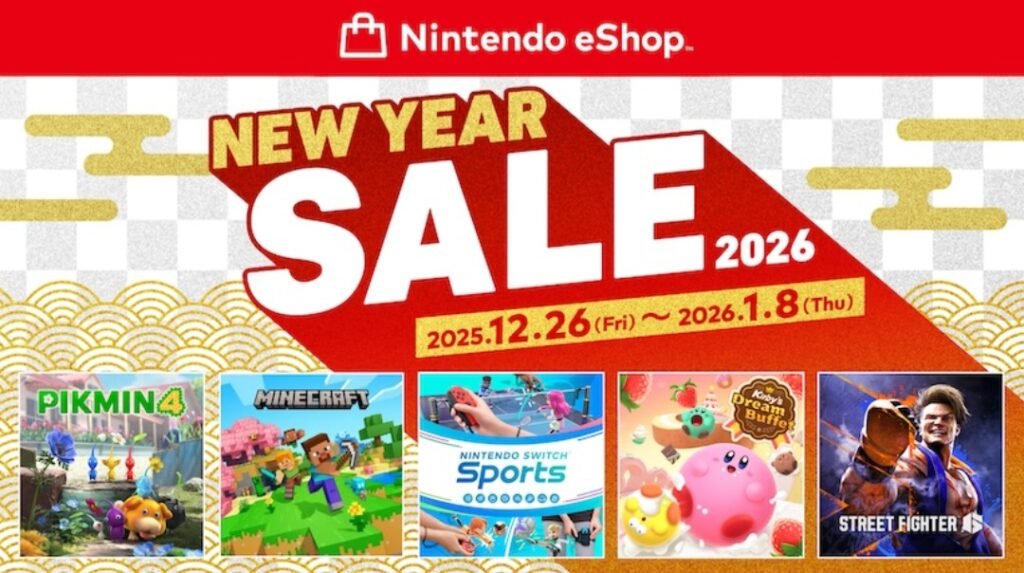 Image promoting the Nintendo eShop New Year Sale, December 26, 2025 - January 8, 2026. Featured games include Pikmin 4, Minecraft, Nintendo Switch Sports, Kirby's Dream Buffet, and Street Fighter.