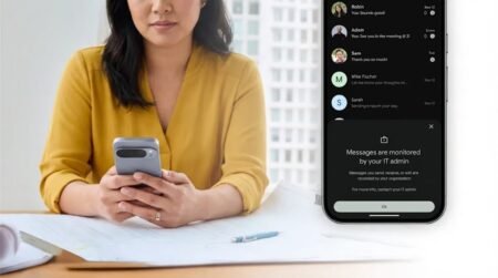 Google Share Texts Messages: Here’s What You Need To Know! A person holding a Pixel phone showcasing Google's messaging app with a privacy notification, illustrating corporate oversight of text messages, a key consideration for businesses using RCS archival.