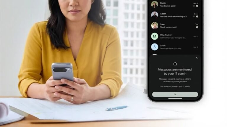 A person holding a Pixel phone showcasing Google's messaging app with a privacy notification, illustrating corporate oversight of text messages, a key consideration for businesses using RCS archival.