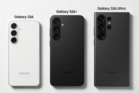 Three Samsung Galaxy S26 series smartphones displayed side by side against a white background, from left to right: Galaxy S26 (white, triple rear cameras in a vertical module), Galaxy S26+ (black, triple rear cameras in a vertical module with a flash), and Galaxy S26 Ultra (dark gray, quad rear cameras in a rectangular module with additional sensors). All feature the 'SAMSUNG' logo on the lower back.