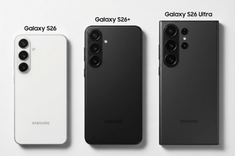 Three Samsung Galaxy S26 series smartphones displayed side by side against a white background, from left to right: Galaxy S26 (white, triple rear cameras in a vertical module), Galaxy S26+ (black, triple rear cameras in a vertical module with a flash), and Galaxy S26 Ultra (dark gray, quad rear cameras in a rectangular module with additional sensors). All feature the 'SAMSUNG' logo on the lower back.