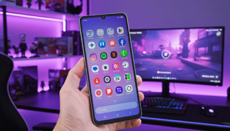 Samsung Galaxy A07 – A Budget 5G Smartphone with 6 Years of OS Upgrades Hand holding a Samsung Galaxy A07 5G smartphone, displaying its home screen with various app icons. The phone is showcased against a purple-lit gaming setup background featuring a monitor, keyboard, and shelves with collectibles.