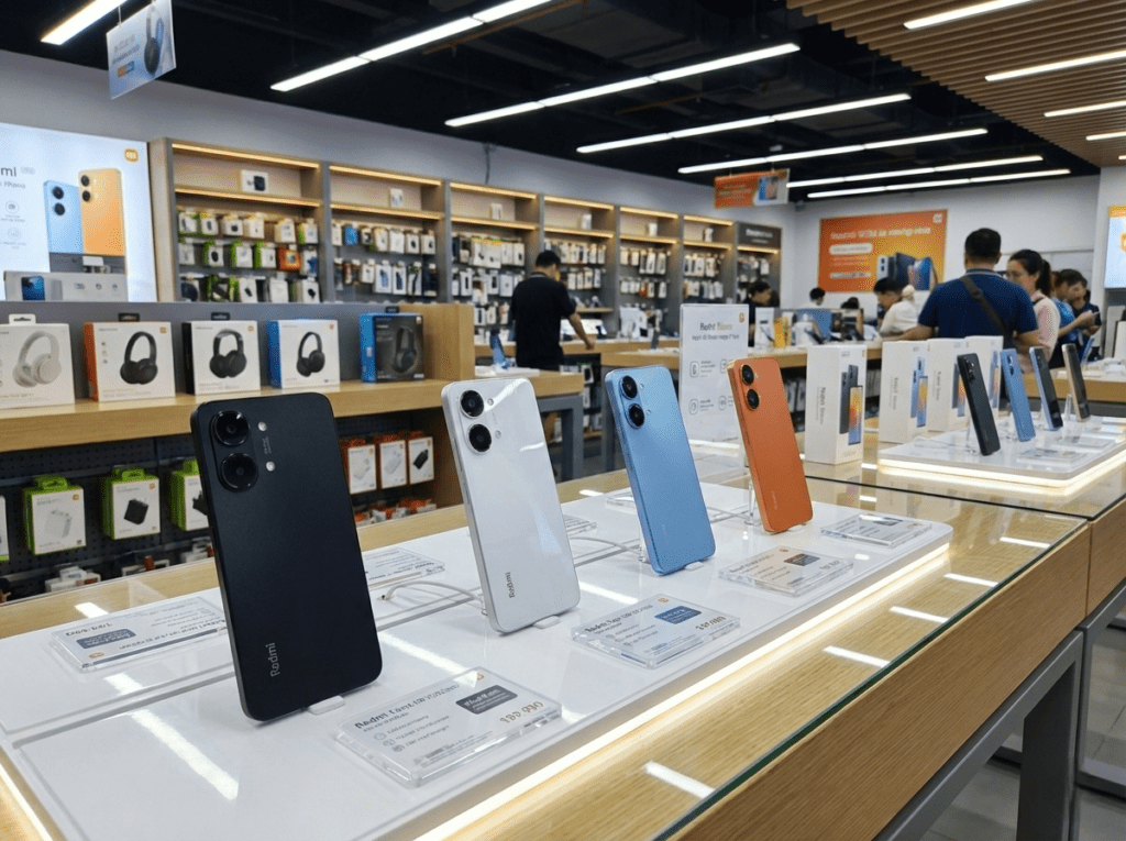 Redmi Turbo 5 and Turbo 5 Max Launched in China: Dimensity 8500-Ultra and 9500s, Up to 9,000mAh Battery 1 Redmi Turbo 5 and Redmi Turbo 5 Max smartphones displayed on a Xiaomi retail store demo table, showing multiple color options with price tags and accessory shelves in the background.