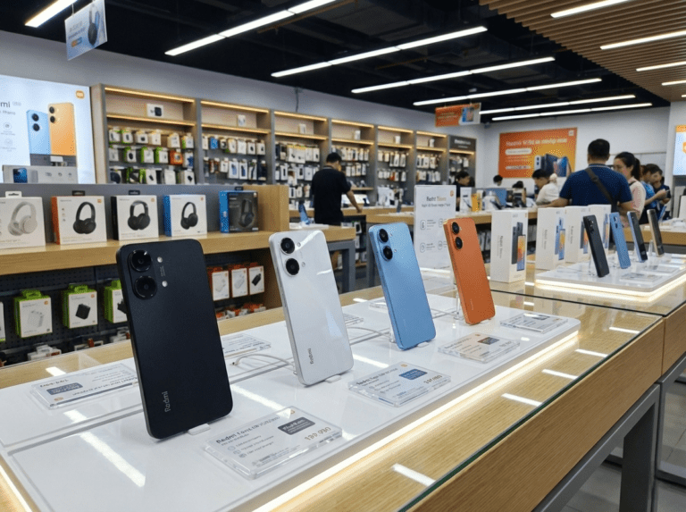 Redmi Turbo 5 and Redmi Turbo 5 Max smartphones displayed on a Xiaomi retail store demo table, showing multiple color options with price tags and accessory shelves in the background.