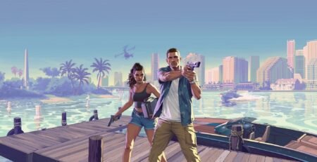 Official promotional artwork for Grand Theft Auto VI (GTA 6) by Rockstar Games. The image features protagonists Jason and Lucia standing on a wooden dock; Jason aims a handgun forward while Lucia holds a pistol in one hand and a metal briefcase in the other. Behind them, a vibrant coastal city skyline (modeled after Vice City as part of the fictional Leonida state) rises against a bright blue sky, with palm trees lining the shore, a helicopter overhead, and a police boat speeding across the water. The art style is colorful and stylized, typical of the GTA franchise’s marketing materials.