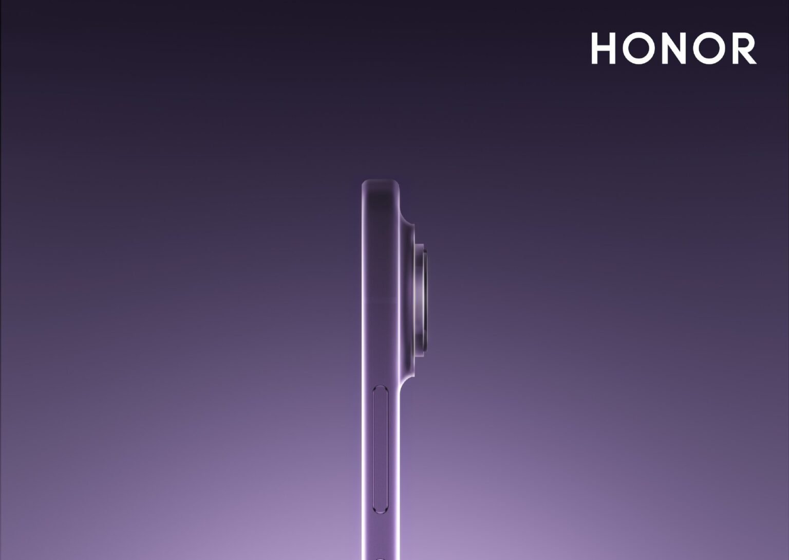 Promotional image for the Honor Magic 8 Pro Air (from the Honor Magic 8 series). The shot showcases the phone’s side profile in a smooth purple finish, emphasizing its slim build with visible volume buttons and a raised rear camera module. The white "HONOR" logo appears at the top right, set against a gradient purple background.