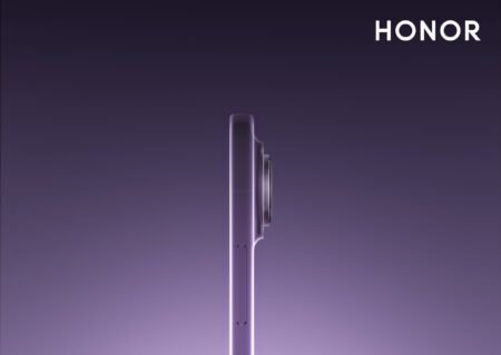 Promotional image for the Honor Magic 8 Pro Air (from the Honor Magic 8 series). The shot showcases the phone’s side profile in a smooth purple finish, emphasizing its slim build with visible volume buttons and a raised rear camera module. The white "HONOR" logo appears at the top right, set against a gradient purple background.