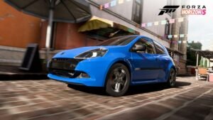 Forza Horizon 6 promo image: Bright blue compact car speeds on brick street, with colorful buildings and banners in the background. Forza Horizon logo top right.