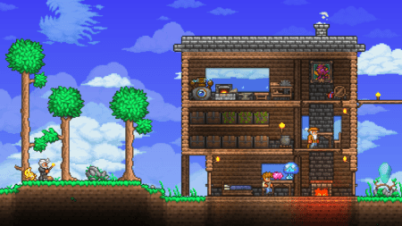 Terraria 1.4.5 Bigger & Boulder Update Is Live on PC, Console, and Mobile Terraria 1.4.5 pixel art screenshot: Multi-story wooden house with stone accents, crafting areas, NPCs, glowing slimes, and a player character near trees under a blue sky.