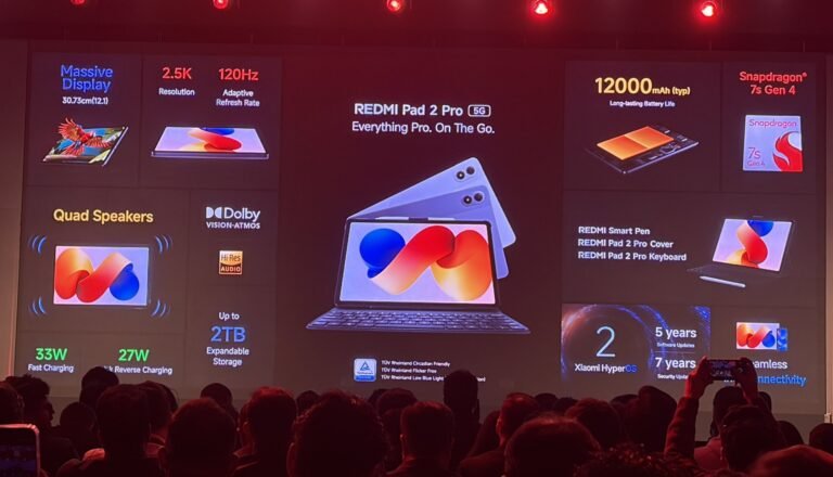 Photo from REDMI Pad 2 Pro 5G launch event – large screen shows the tablet with tagline "Everything Pro. On The Go." Key specs: 30.73cm (12.1") 2.5K 120Hz display, Snapdragon 7s Gen 4, 12000mAh battery, quad speakers with Dolby Vision-Atmos, 33W fast/27W reverse charging, up to 2TB expandable storage. Accessories include smart pen, cover, keyboard. Software: Xiaomi HyperOS with 5 years software/7 years security updates. TÜV certified. Audience visible in foreground.