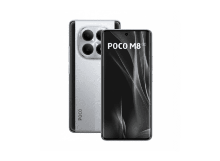 POCO M8 smartphone displayed against a white background, showing both front and back views. The front has a black screen with 'POCO M8' text, while the back is silver with a large circular triple-camera module and the 'POCO' logo.