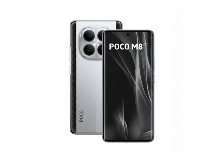 POCO M8 smartphone displayed against a white background, showing both front and back views. The front has a black screen with 'POCO M8' text, while the back is silver with a large circular triple-camera module and the 'POCO' logo.