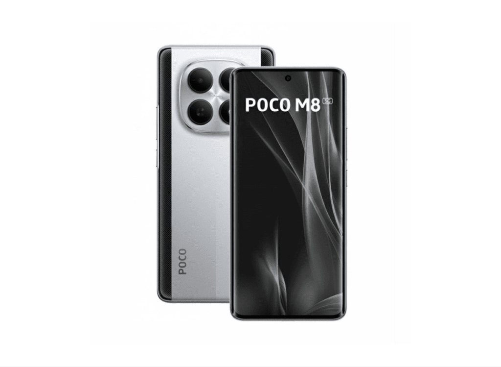 Poco M8 5G Launched in India with Snapdragon 6 Gen 3, 108MP Camera, and 5,520mAh Battery POCO M8 smartphone displayed against a white background, showing both front and back views. The front has a black screen with 'POCO M8' text, while the back is silver with a large circular triple-camera module and the 'POCO' logo.
