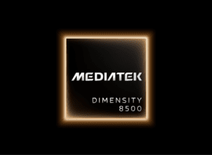 A promotional image of the MediaTek Dimensity 8500 mobile processor, displayed against a solid black background. The chip is presented as a square with a subtle gradient surface, framed by a glowing warm orange border that emits a soft halo effect. The word "MEDIATEK" appears in large, bold, silver capital letters at the top of the chip’s face; below it, "DIMENSITY" is printed in smaller silver capital letters, with "8500" directly underneath in matching styling (note: "DIMENSITY" is misspelled as "DENSITY" in the image).
