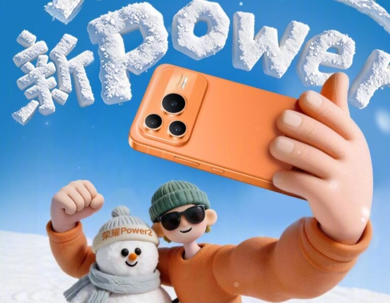 Honor Power 2 Rising Sun Orange color variant promotional graphic: Selfie pose, snowman, cartoon character, snow text '新POWER'—launching Jan 5 2026.