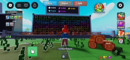 Roblox game screenshot (likely a farming/crafting sim) showing a player character facing a large storage wall with color-coded slots. Left inventory panel has "Ingredients" (blue boot, green plant, tree, fruit) and "Animals" (fish, elephant). On-screen UI: "Buy/Base/Sell" tabs, resource counters (0/213 for multiple currencies), "$5M" land purchase prompt with finger icon, "Starter Pack!" icon, "Shop/Recipes/Daily" buttons, event timers, and "[G] Open Backpack" prompt. Overlay text: "craft a brainrot codes" – playful, meme-y call for viral, easy-to-remember in-game cheat codes.