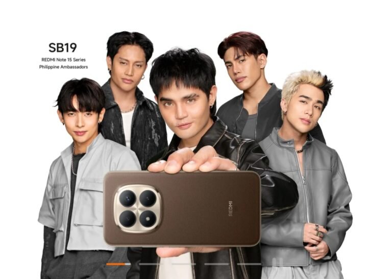 Filipino boy group SB19, named as Philippine Ambassadors for the Redmi Note 15 Series, pose together against a white background. One member holds up a brown Redmi Note 15 smartphone, displaying its quad-camera module with a metallic frame. Text in the top-left corner reads: 'SB19 – REDMI Note 15 Series Philippine Ambassadors'.