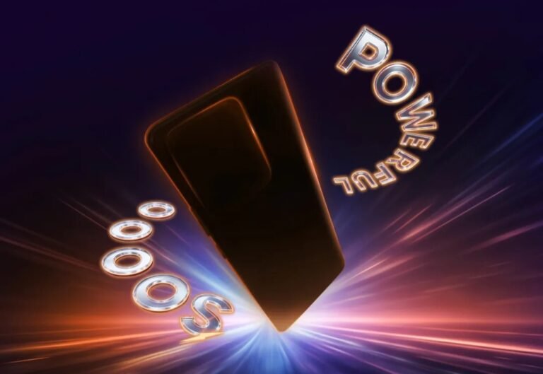 Promotional graphic for the Realme P4 Power smartphone. The image features a dark silhouette of the phone angled dynamically against a vibrant background with radiating blue, purple, and orange light streaks. Metallic text elements display 'POWERFUL' curved above the device and 'SOOS' (likely referring to fast charging or performance) below it, emphasizing the phone's strength and capabilities.