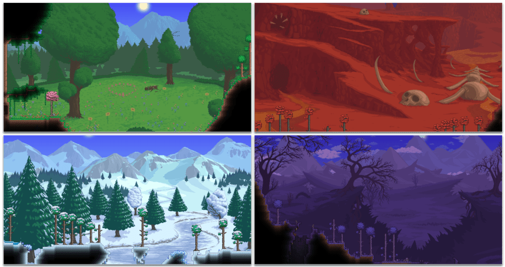 Terraria 1.4.5 Bigger & Boulder Update Is Live on PC, Console, and Mobile 1 Four Terraria biomes collage: Dusk grassland, red fossil-filled terrain, snowy mountains, and dark corrupted landscape.