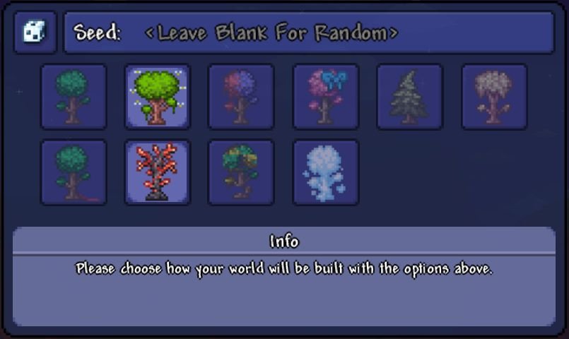 Terraria 1.4.5 Bigger & Boulder Update Is Live on PC, Console, and Mobile 3 Terraria new world screen: Seed input field, 12 biome tree icons (one selected), info bar about world building options.